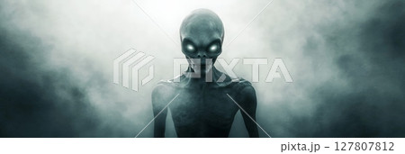 Grey alien appearing from a dense fog, creating a mysterious and intriguing atmosphere with bright eyes, perfect for science fiction and fantasy projects 127807812