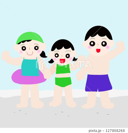 海辺で手を振る兄妹 海辺で手を振る兄妹 127808268
