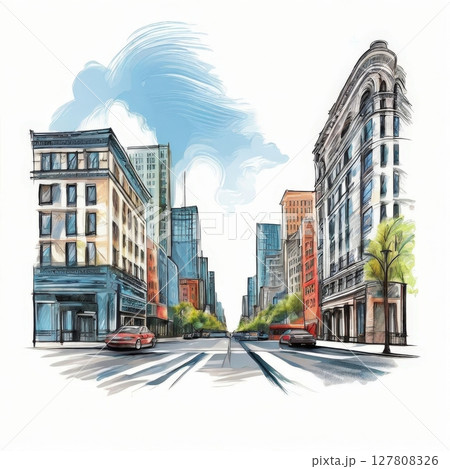 an AI Image Generator, Illustration of a Vibrant Urban Street in Artistic Modern Style 127808326