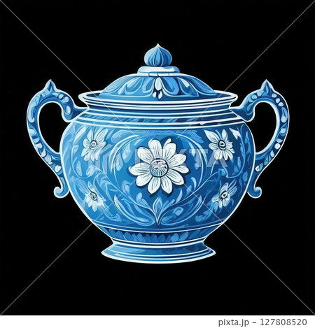 an AI Image Generator, Elegant Blue Ceramic Vase with Intricate Floral Embellishments an AI Image Generator, Elegant Blue Ceramic Vase with Intricate Floral Embellishments 127808520