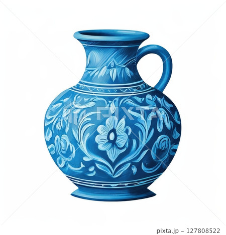 an AI Image Generator, Elegant Blue Ceramic Vase with Intricate Floral Embellishments 127808522