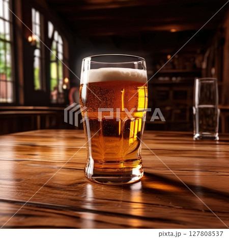 an AI Image Generator, Pint Glasses of Golden Beer on Rustic Wooden Table 127808537