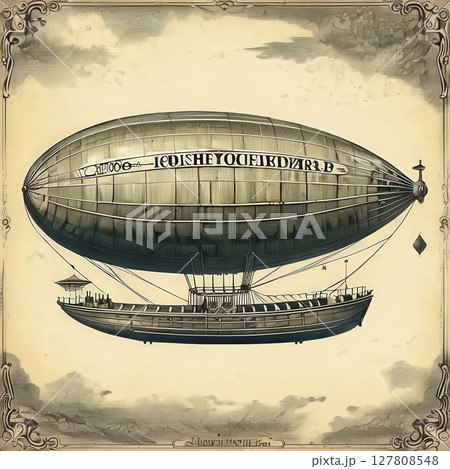 an AI Image Generator, Vintage Illustration of an Airship Floating Elegantly in the Sky 127808548