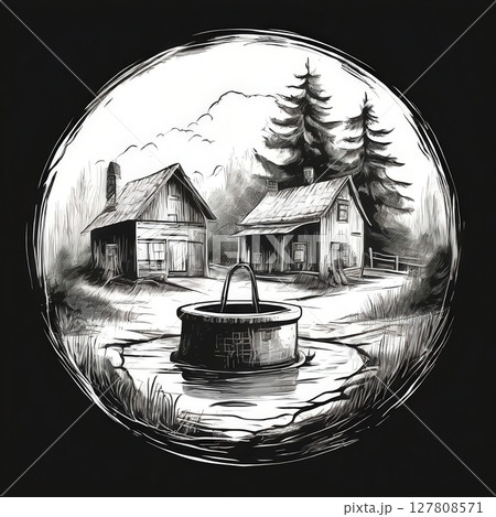 an AI Image Generator, Rustic Wooden House by a Well in a Countryside Setting an AI Image Generator, Rustic Wooden House by a Well in a Countryside Setting 127808571