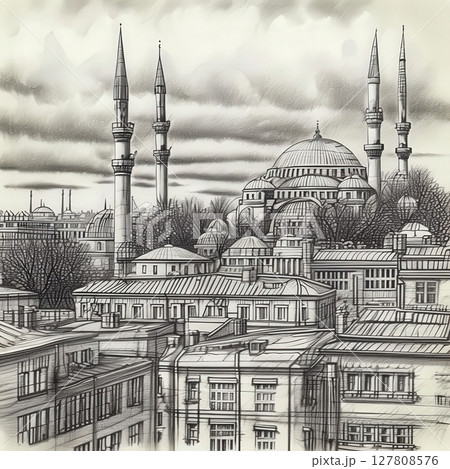 an AI Image Generator, Detailed Pencil Sketch of a Cityscape Featuring Iconic Mosque Minarets 127808576