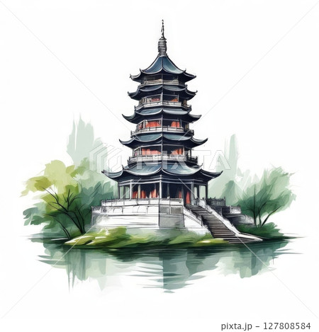 an AI Image Generator, Pagoda Amid Peaceful Greenery in Traditional Asian Art Painting 127808584