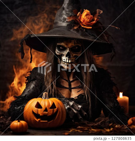 an AI Image Generator, Spooky Halloween Scene Featuring Skeleton Witch Holding 127808635
