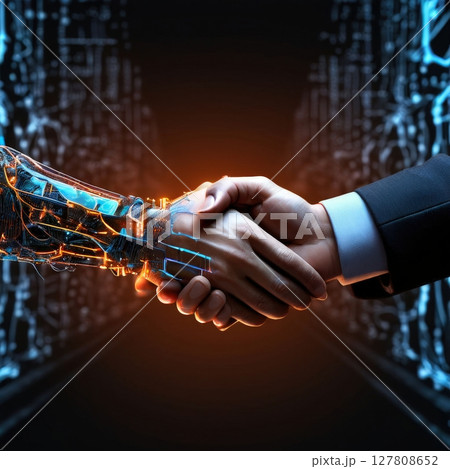 an AI Image Generator, Human and Robot Collaboration Depicted Through a Futuristic 127808652