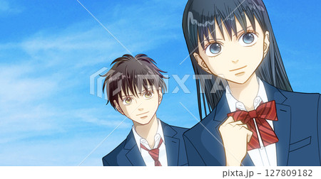 広がる青空、高校生または中学生の男女のアニメ風イラスト、左に余白 127809182