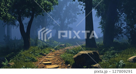 Misty Forest Path Leads Through Trees and Greenery, Embracing Nature's Serenity. 127809291