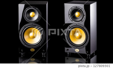 Two Black Speakers with Gold Drivers Reflect on a Dark Surface with Sound Technology 127809301