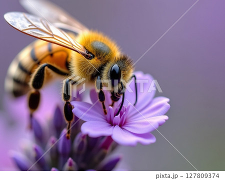 Honey Bee Pollinating Lavender Bloom in Soft Purple Light 127809374