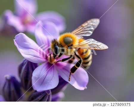 Macro Honey Bee Harvesting Pollen from Lavender Blossom 127809375