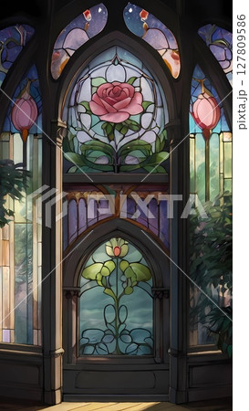 ゲーム背景　薔薇のステンドグラスがある幻想的ホール縦長イラスト 127809586