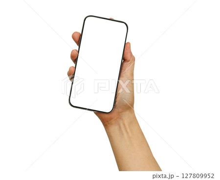 Asian woman holding smartphone in hand with blank screen isolated on white background with clipping path. 127809952