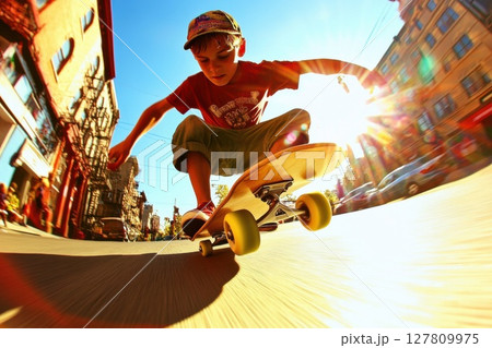 Teenage boy skateboarding on a sunny street with focus and determination 127809975