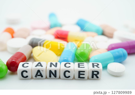 Cancer word with pills and capsules medical drug. Cancer word with pills and capsules medical drug. 127809989