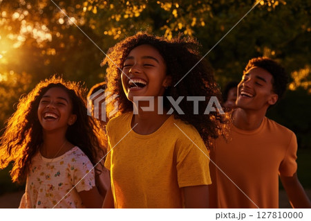 Friends enjoying a sunny day in the park filled with laughter and joy 127810000