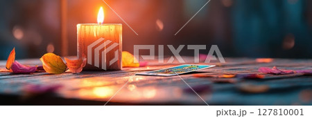 Dramatic close up of illuminated candle reflecting flame with tarot card and rose petals nearby 127810001