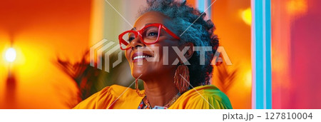 Middle aged woman with African descent warmly shares tarot card insights in vibrant setting 127810004