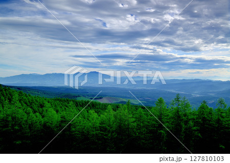 メルヘン街道から見る朝霧の浅間山と小諸市 佐久市 メルヘン街道から見る朝霧の浅間山と小諸市 佐久市 127810103