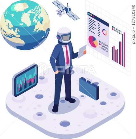 Isometric Businessman in Space Suit Analyzing Investment Chart 127810240