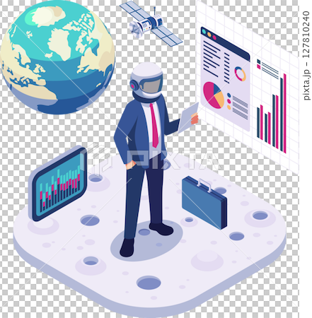 Isometric Businessman in Space Suit Analyzing Investment Chart 127810240
