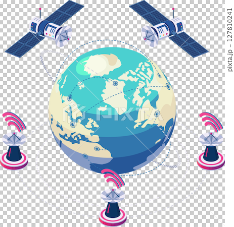Isometric Global Satellite Communication Orbiting Earth 127810241