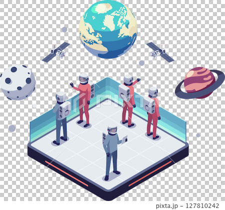 Isometric Space Tourism Experience with Tourist and Planetary View 127810242