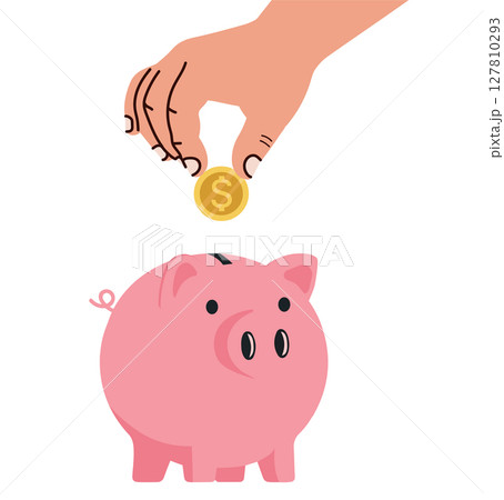Hand Putting Coin in Piggy Bank Illustration Hand Putting Coin in Piggy Bank Illustration 127810293
