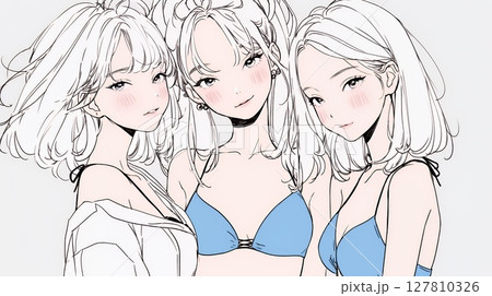 ビーチリゾートを満喫する若い女友達たち（シンプルな色使い）