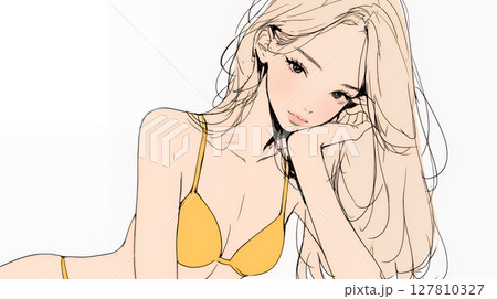南国のビーチに寝そべるビキニ姿の若い女性（シンプルな色使い）