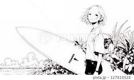 若い女性サーファーと夏のビーチの風景（シンプルな色使い）