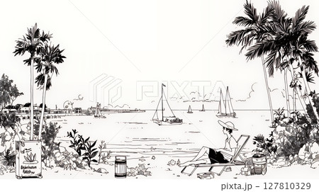 夏のビーチの風景（シンプルな色使い）