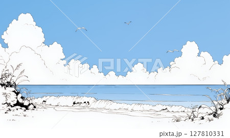 夏のビーチの風景（シンプルな色使い）