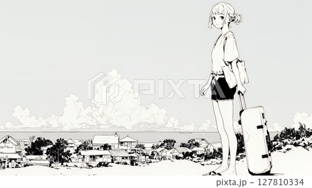 一人旅の若い女性と夏のビーチの風景（シンプルな色使い）