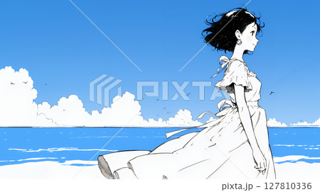 一人旅の若い女性と夏のビーチの風景（シンプルな色使い）