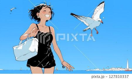 一人旅の若い女性と夏のビーチの風景（シンプルな色使い）