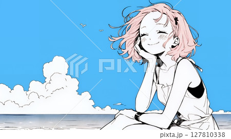 一人旅の若い女性と夏のビーチの風景（シンプルな色使い）