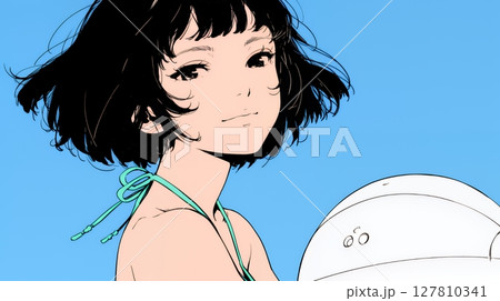 ビーチボールを持った若い女性（シンプルな色使い）