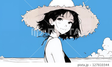 一人旅の若い女性と夏のビーチの風景（シンプルな色使い）