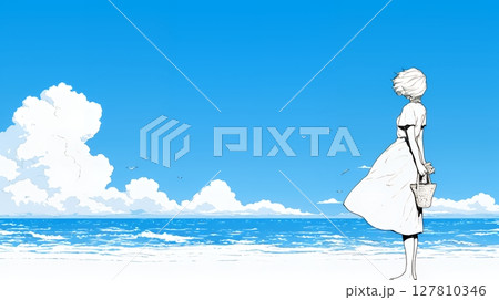 一人旅の若い女性と夏のビーチの風景（シンプルな色使い）