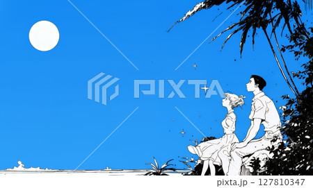 夏の月夜、南国の浜辺にいるカップル（シンプルな色使い）