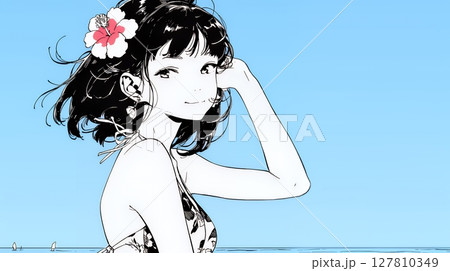 ハイビスカスの髪飾りの若い女性