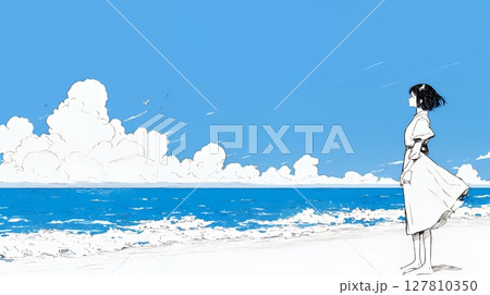 一人旅の若い女性と夏のビーチの風景（シンプルな色使い）