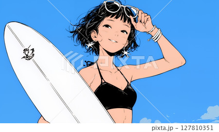 若い女性サーファーと夏のビーチの風景（シンプルな色使い）