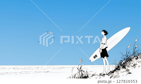 若い女性サーファーと夏のビーチの風景（シンプルな色使い） 127810353