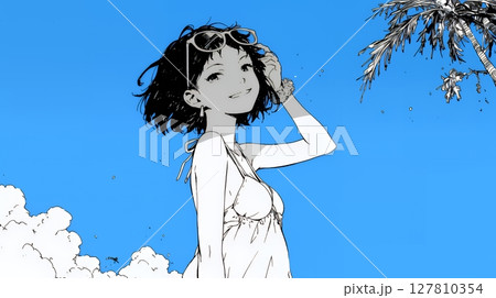 一人旅の若い女性と夏のビーチの風景（シンプルな色使い）