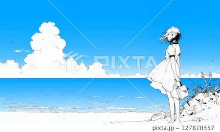 一人旅の若い女性と夏のビーチの風景（シンプルな色使い）