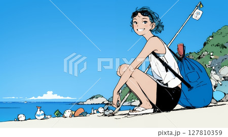 一人旅の若い女性と夏のビーチの風景（シンプルな色使い）